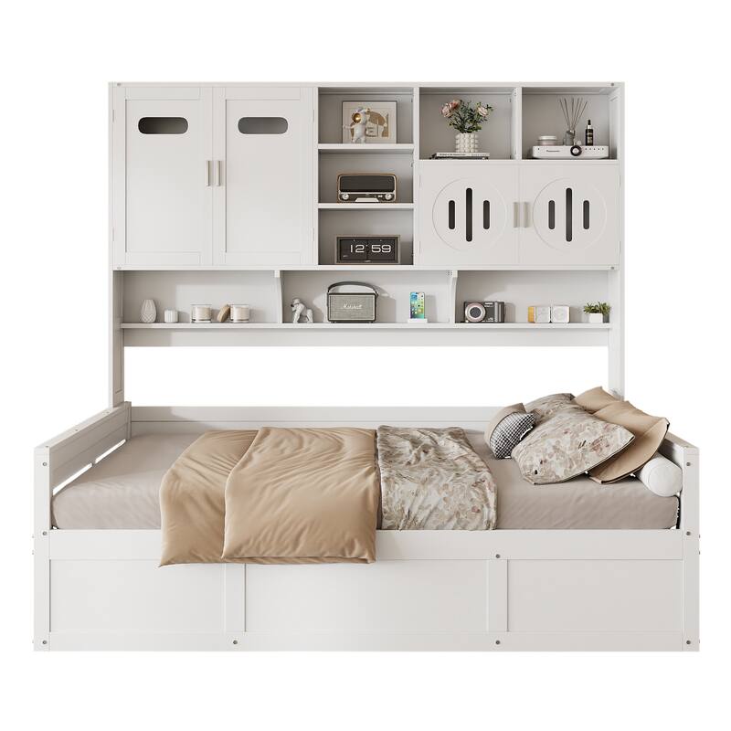 Wooden Daybed Storage Platform Bed with All-in-One Cabinet and Shelf, 10 Slats Multi-Functional Space-Optimizing Bed Frame