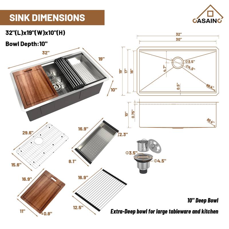 Undermount Single Bowl 18 Gauge Brushed Stainless Steel Workstation Kitchen Sink with Sliding-Accessories