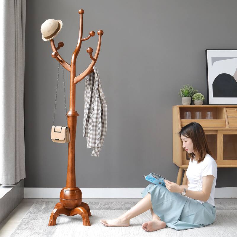 Tree-branch Rubberwood Freestanding Coat Rack with Hooks
