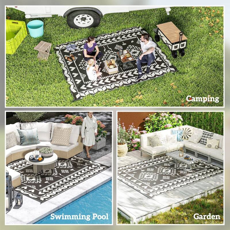 Reversible Outdoor Rug with Carry Bag Large Picnic Blanket for Camping, RV Trips, Beach - 143.7" L x 107.9" W