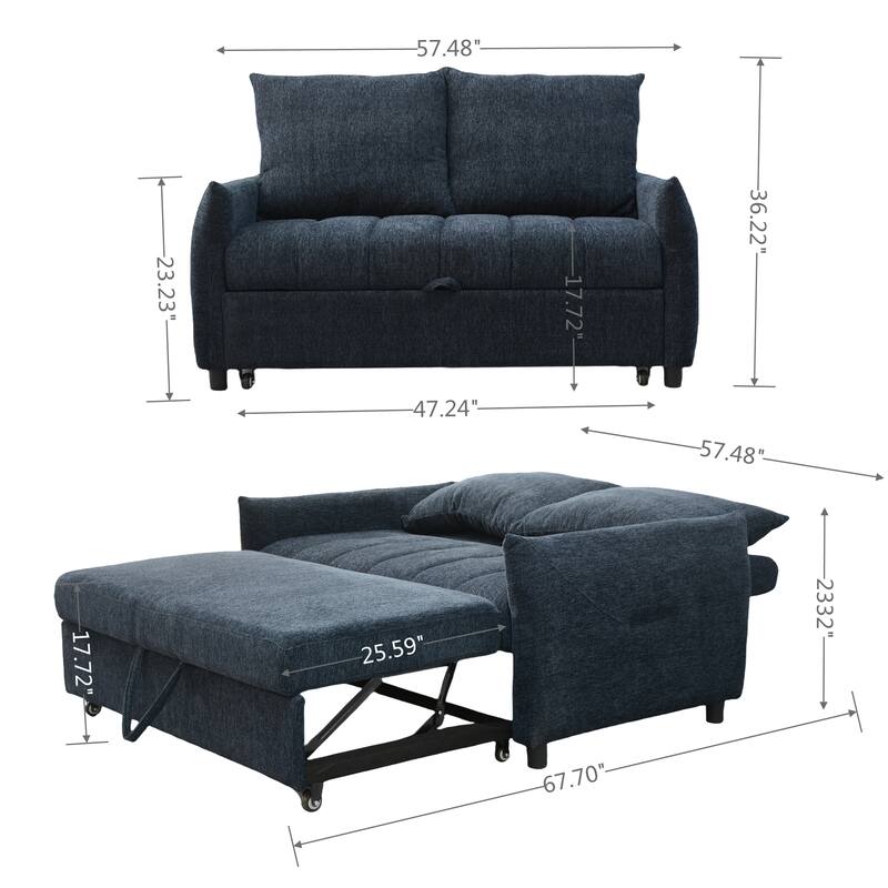 57.48" Big Size Navy Fabric Sofa Bed with Adjustable Backrest