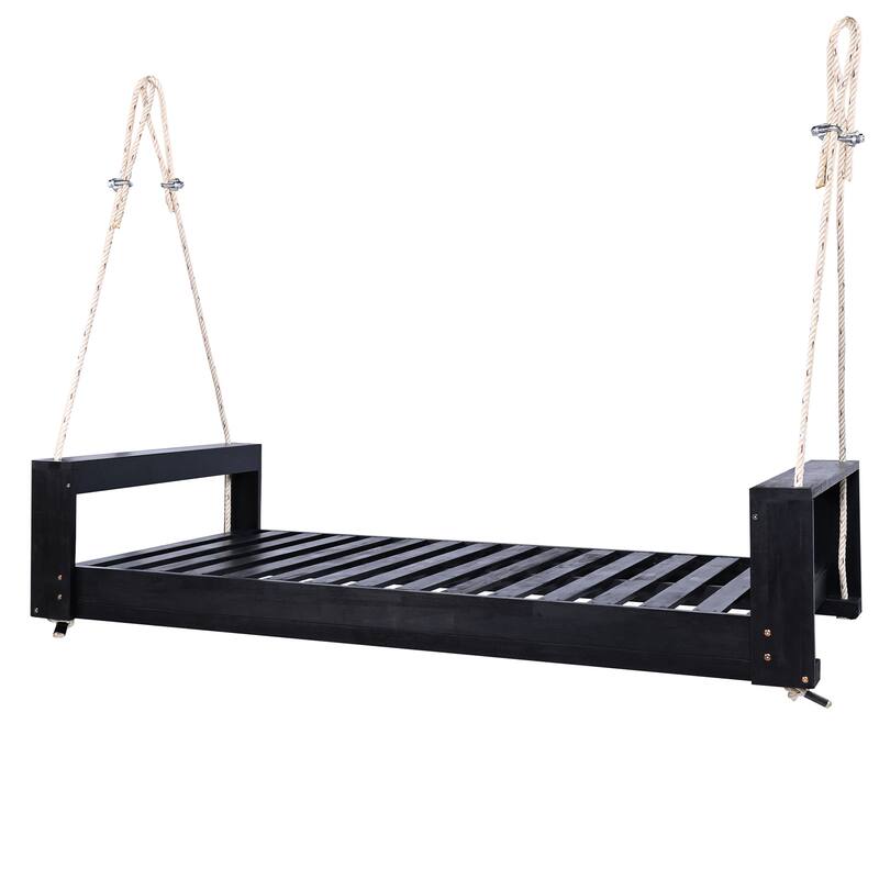Swing Bed Seating Group, Patio Acacia Wood Swing Frame with Hemp Ropes for Garden, Backyard(Cushions and pillows not included)