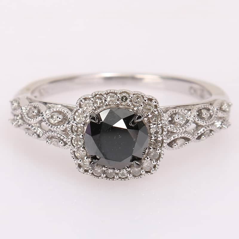 Miadora 10k White Gold 3/4ct TDW Black and White Diamond Halo Vintage Engagement Ring