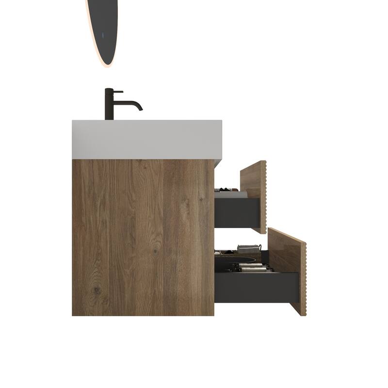 GDFStudio - Grace Wall-Mounted Bathroom Vanity with Engineered Quartz Sink & Soft Close Drawers, without Drainage and Faucet
