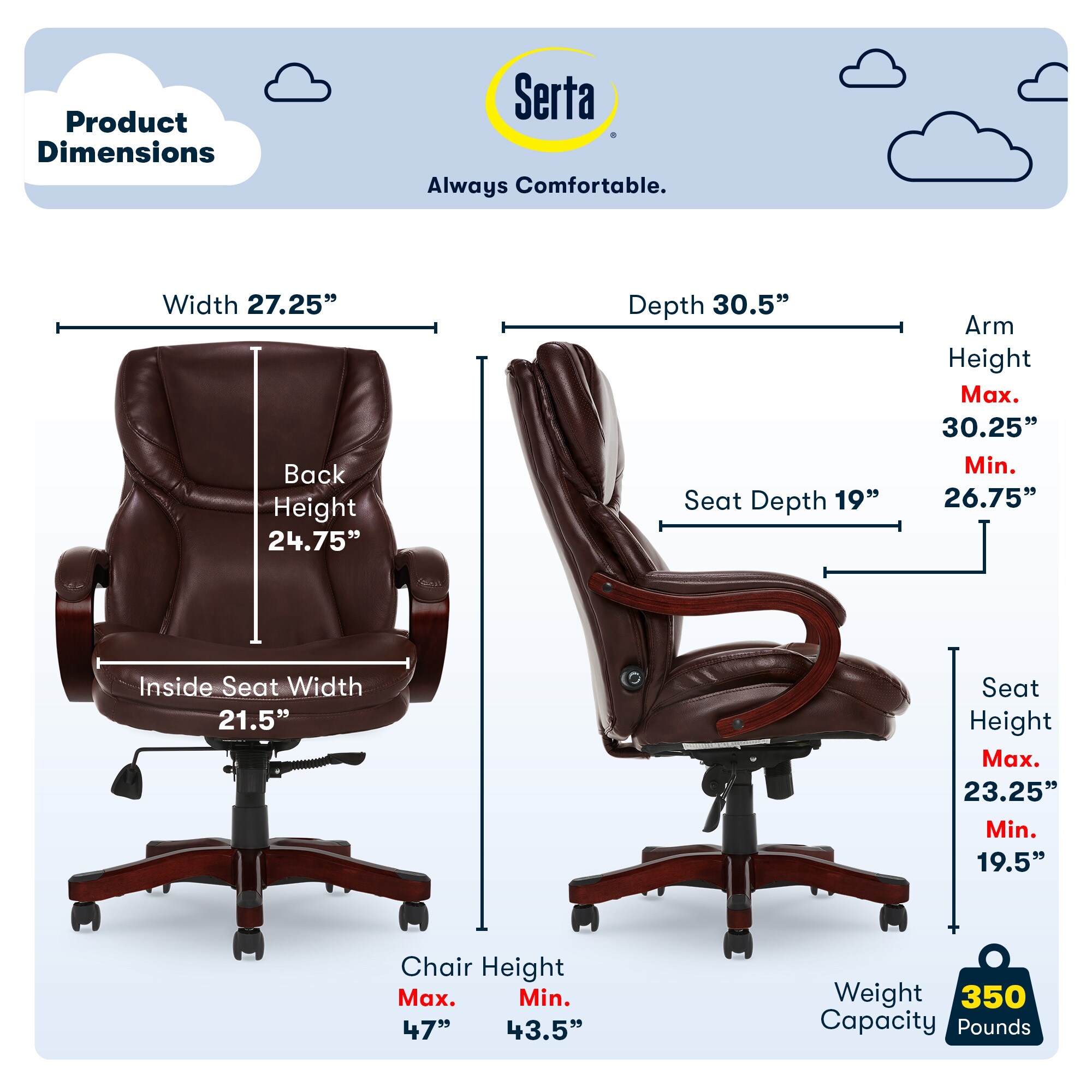 Serta Conway Big Tall Executive Office Chair Ergonomic High Back with Adjustable Lumbar Semi Plush Cushion Brown