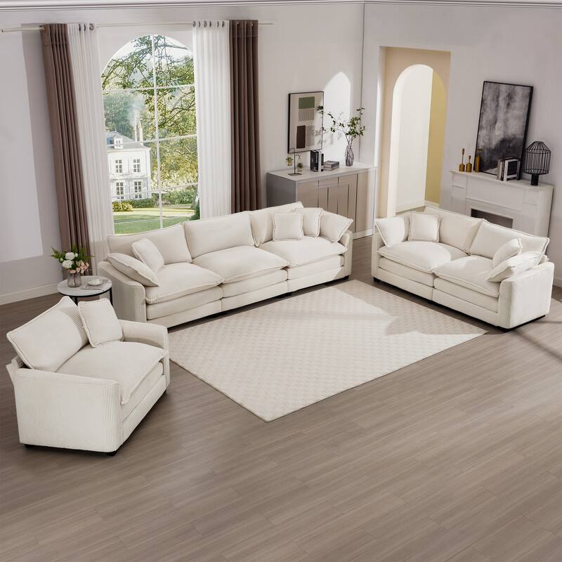 Oversized 3 - Piece Sofa Set with Corduroy 3-Seater Sofa and 2-Seater Loveseat & Single Deep Seat Sofa Chair for Livingroom