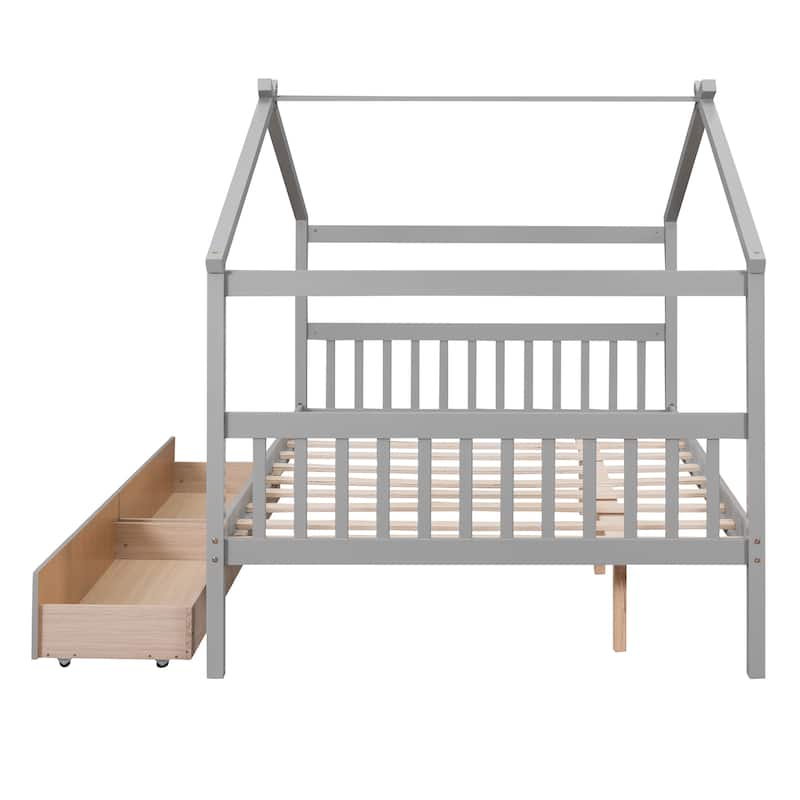 Full Size Wooden House Bed with Drawers