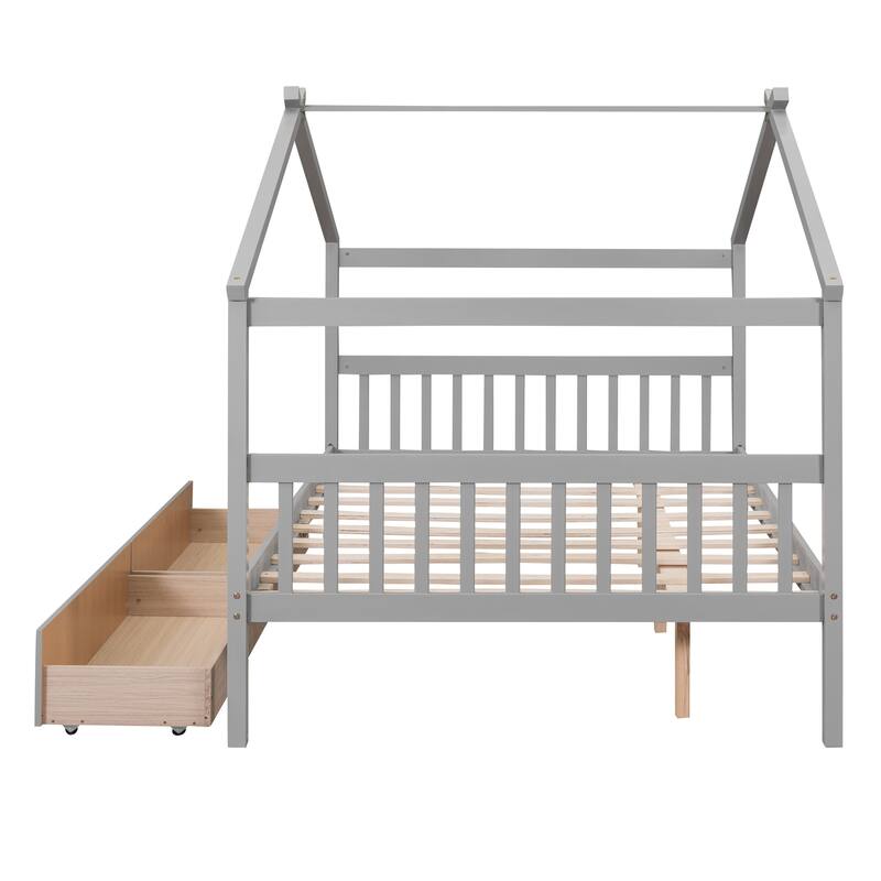 Kids Playhouse Bed Platform Bed with 2 Drawers and Roof, Sturdy Wooden Daybed for Kids, Easy Assembly, No Box Spring Needed