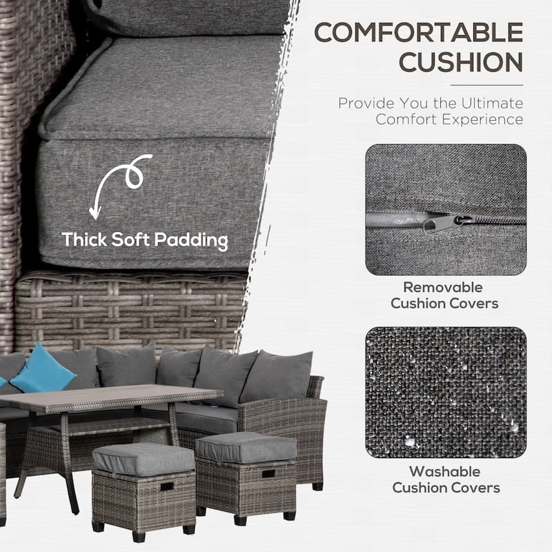 Outsunny 6 Piece Patio Wicker Sofa Set w/ Strip Wood Grain Plastic Coffee Table & Cushions, Mixed Grey - 68.5"L x 24"W x 28.25"H