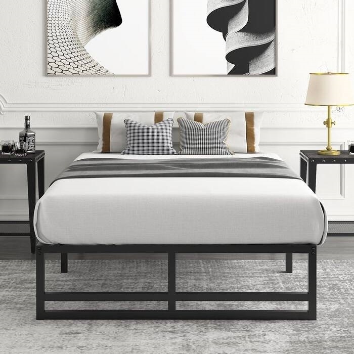 Modern Black Metal Platform Bed Frame with Storage Area