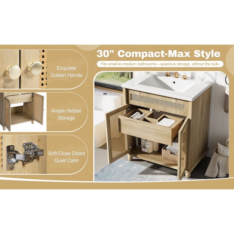 Bathroom Vanity with Sink, Freestanding Bathroom Sink Vanity, Bathroom Cabinet with Rattan-Handwoven Doors & Drawers