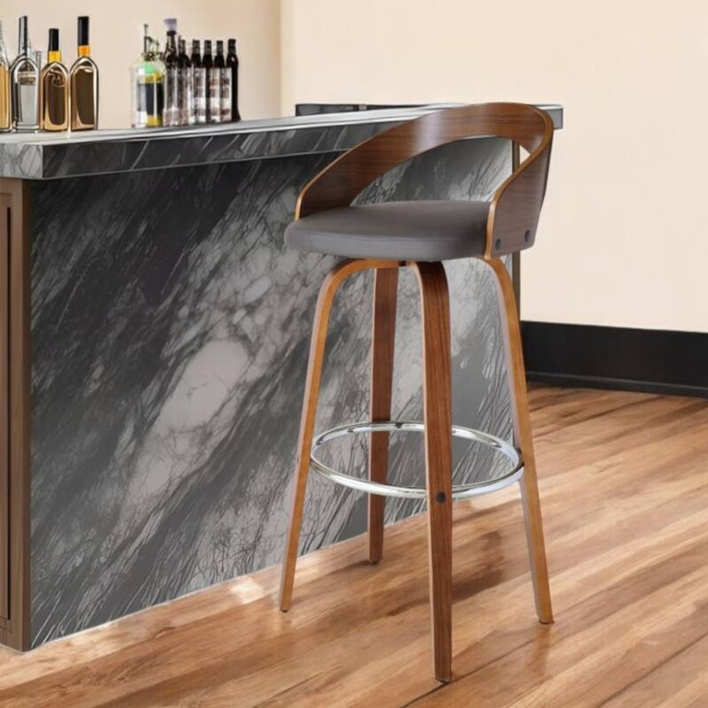Modern 30 Inch Swivel Bar Stool with Low Back Grey Faux Leather Seat and Walnut Iron Frame - 35”H x 19”W x 19”D