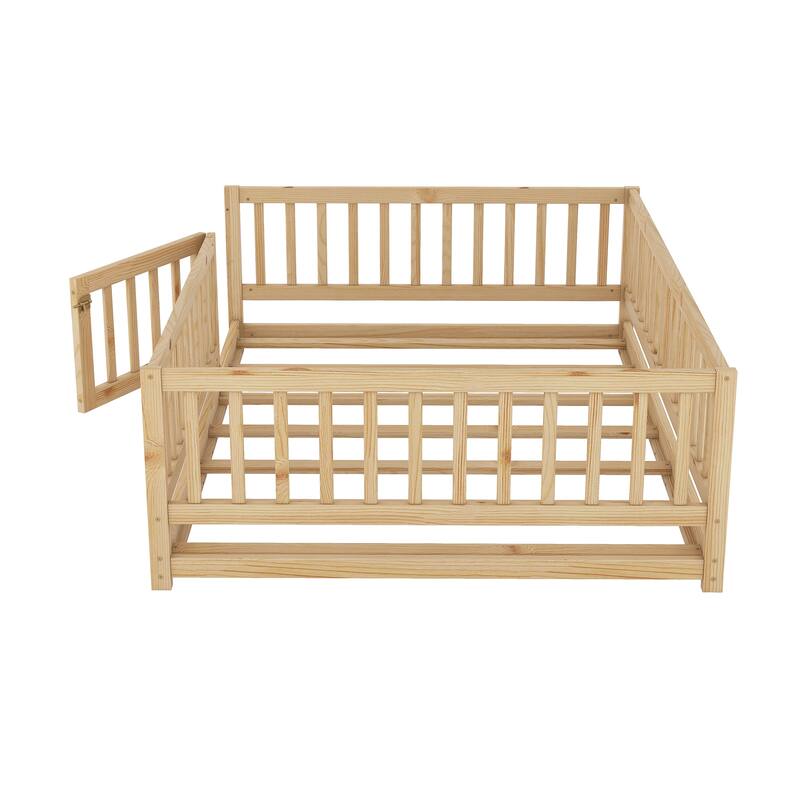 Full Size Pine Wood Floor Panel Bed with 7-Slat Support and Safety Fence and Removable Door Included