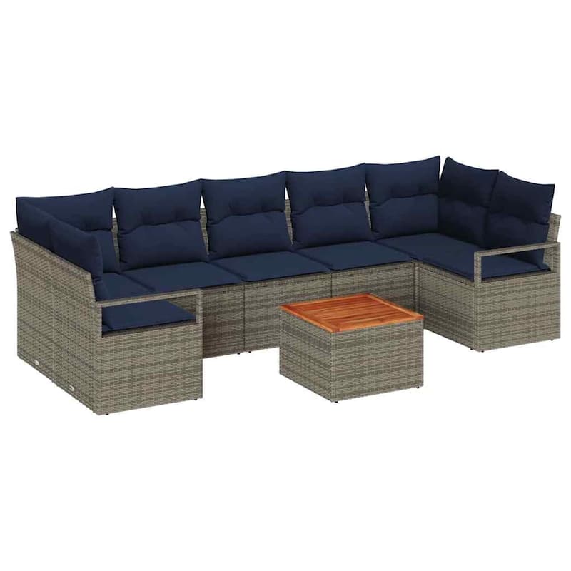 vidaXL 8 Garden Sofa Set with Cushions Black/Grey Poly Rattan - 113.8 x 48 x 27.2