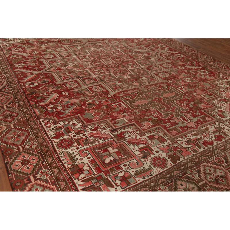 Red Geometric Heriz Persian Vintage Rug Handmade Oriental Wool Carpet - 9'10"x 13'3"