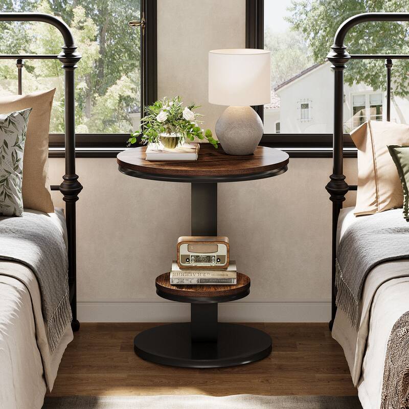 2-Tier Round End Side Table Bedside Nightstand with Storage Shelf