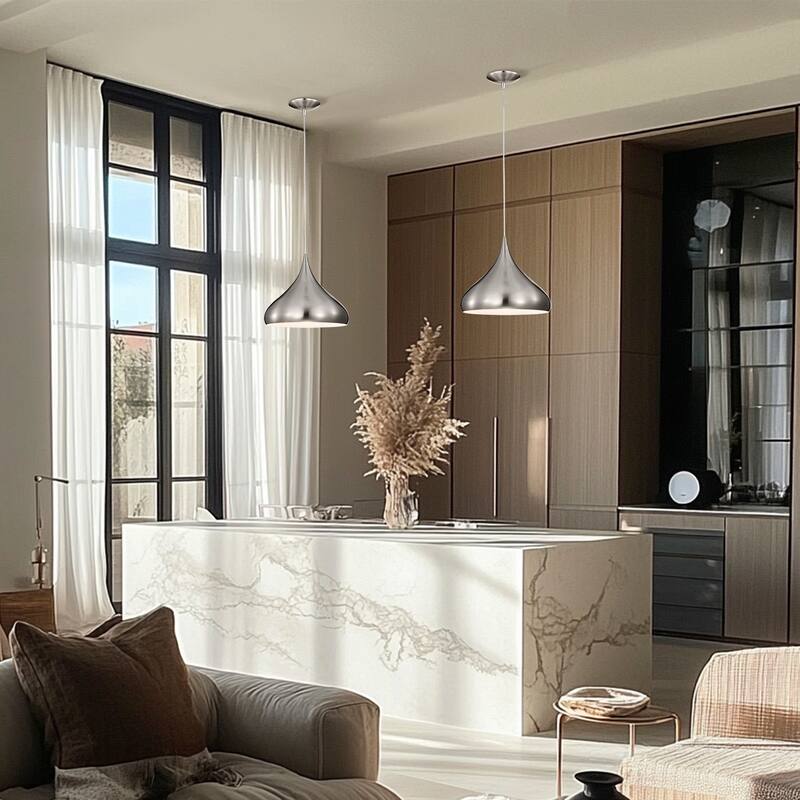 1-Light 12 in. Brushed Nickel Single Pendant with Teardrop Metal Shade