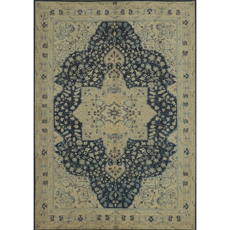 Hand Knotted Oriental 100% Wool Carpet Transitional Floral Navy Blue & Blues Oushak Area Rug - 12' 3'' X 9' 0''