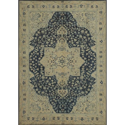 Hand Knotted Oriental 100% Wool Carpet Transitional Floral Navy Blue & Blues Oushak Area Rug - 12' 3'' X 9' 0''