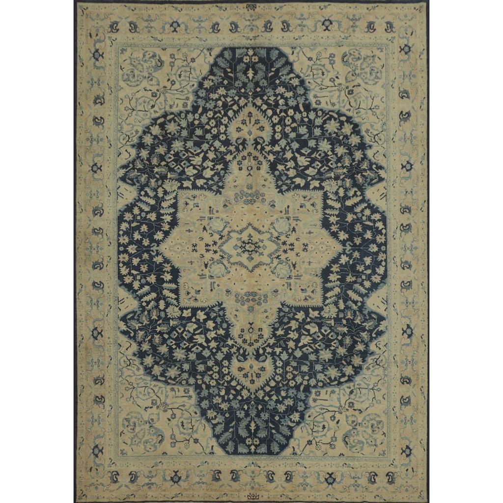 Hand Knotted Oriental 100% Wool Carpet Transitional Floral Navy Blue & Blues Oushak Area Rug - 12' 3'' X 9' 0''