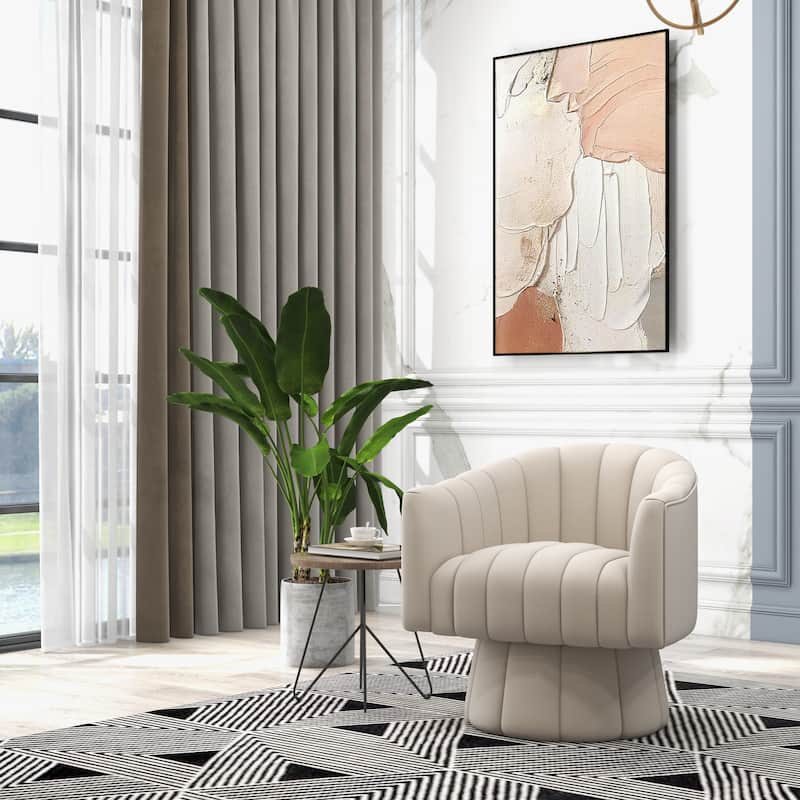 SEYNAR Modern Glam Velvet Upholstered Round Swivel Accent Arm Barrel Chair for Living Room - Beige
