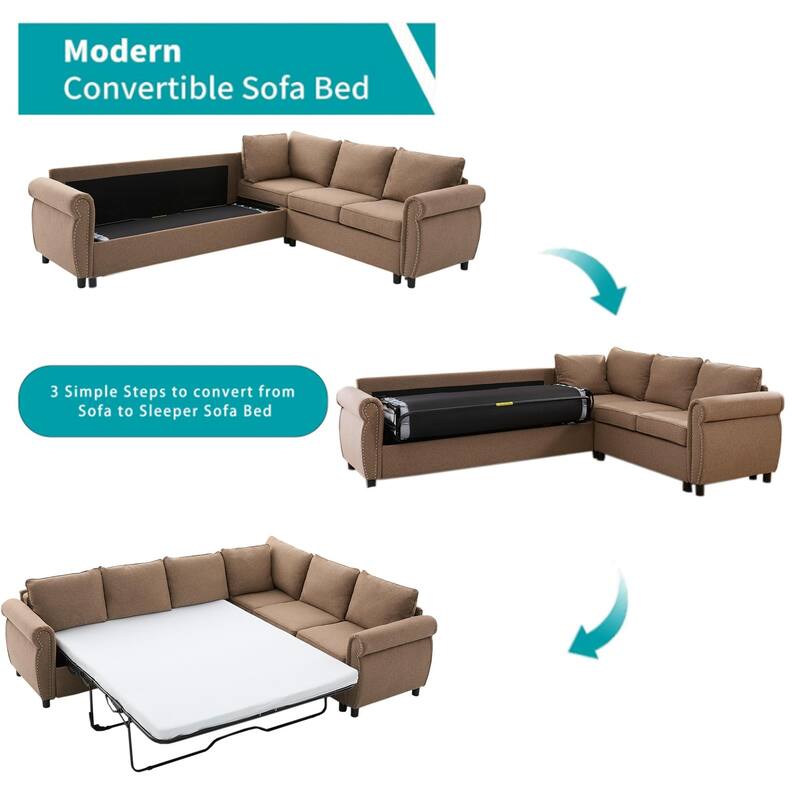 2 in 1 Pull Out 6 Seater L Shaped Sleeper Sectional Sofa Bed, 104" Brown