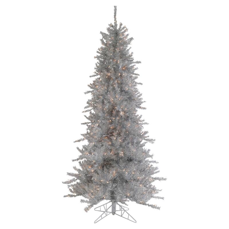 6.5' Silver Tinsel Pine Slim Artificial Christmas Tree Clear Lights - 6.5 Foot