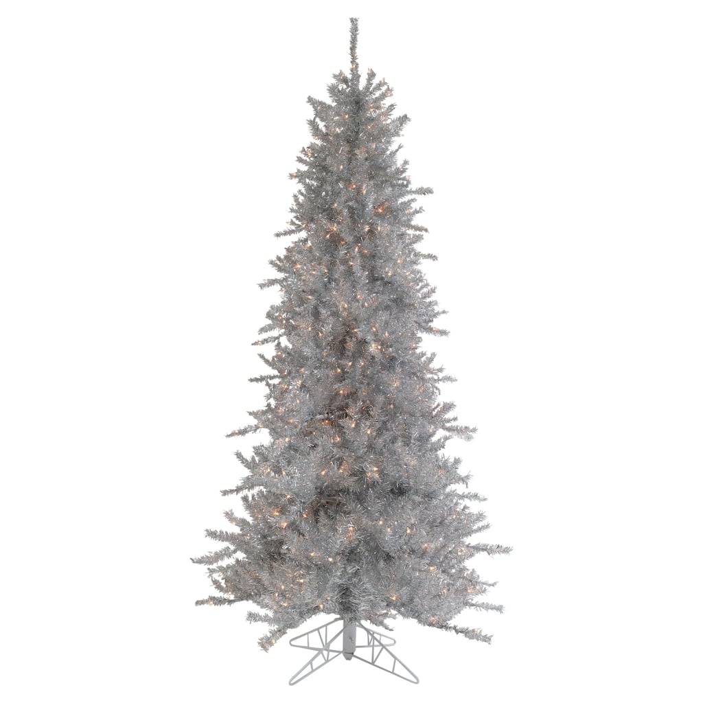7.5' Silver Tinsel Pine Slim Artificial Christmas Tree - Clear Lights - 7.5 Foot
