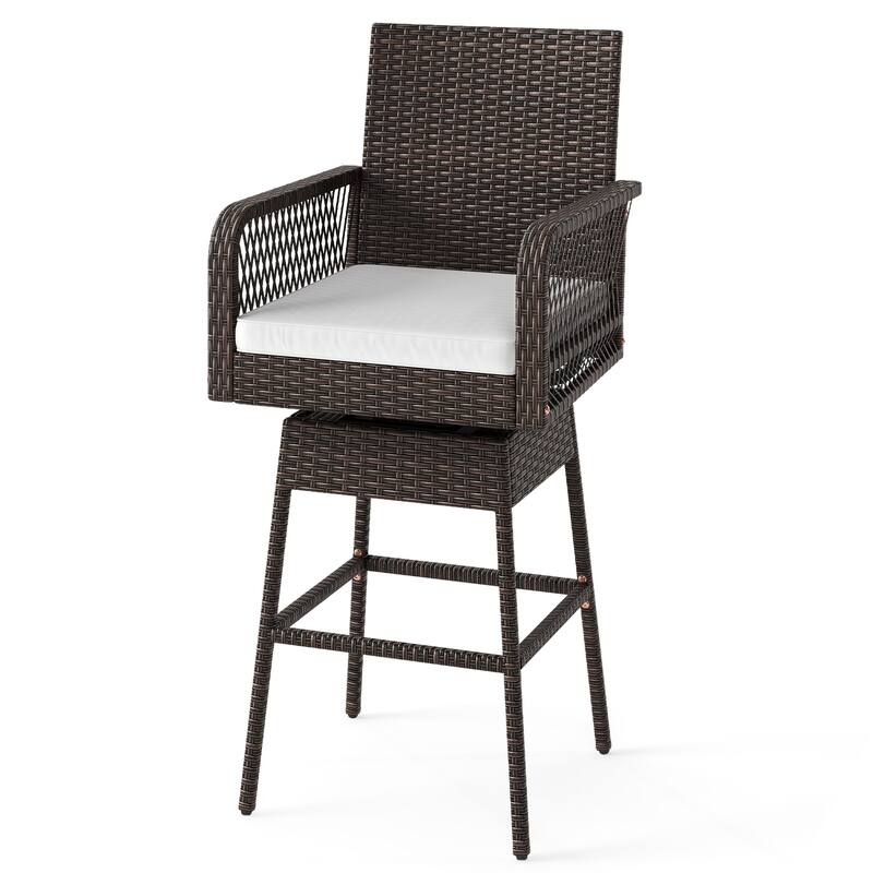 29-Inch Mix Brown Rattan Bar Height Swivel Stool with Comfortable Cushion for Outdoor Use - 22" x 22" x 46.5"