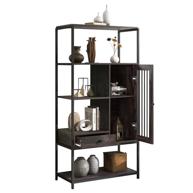 Home Office Bookcase, 5 Tier Bookshelf with Door and Drawer