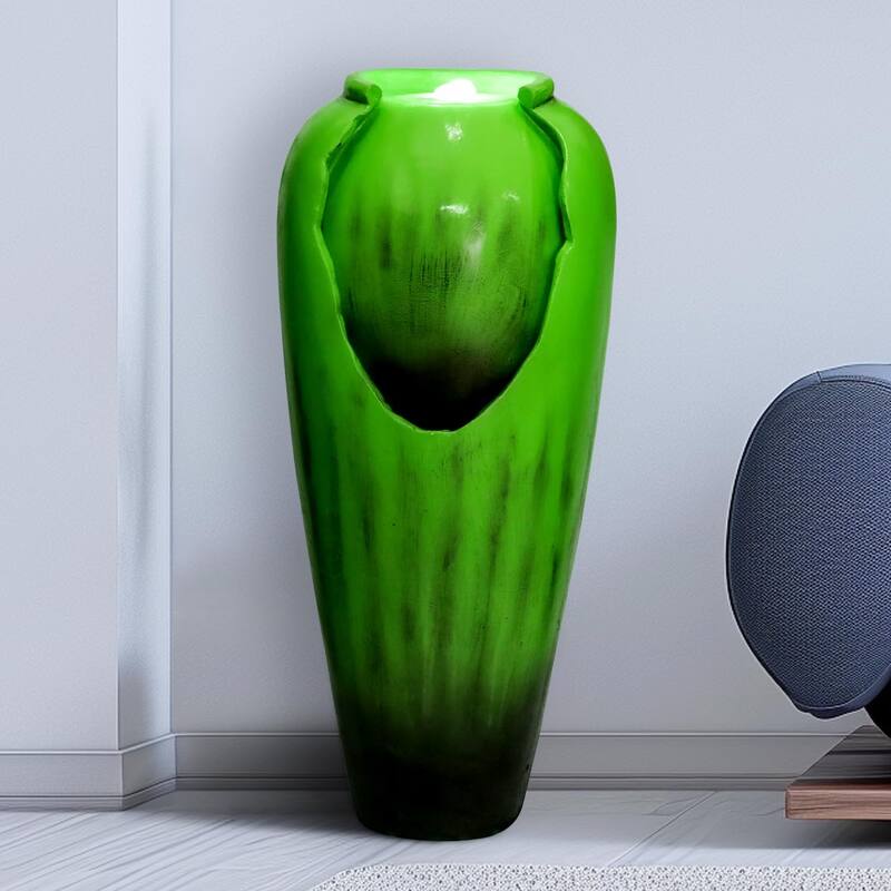 30.7" High Concrete Jar Water Fountain Outdoor, Garden Vase Water Feature - 30.7"H - Green