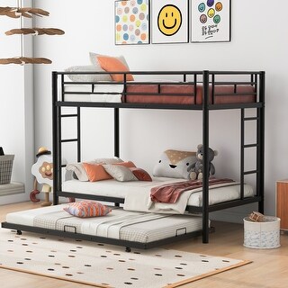 Black Twin Over Twin Metal Bunk Bed with Trundle, Ladders, Easy Assembly