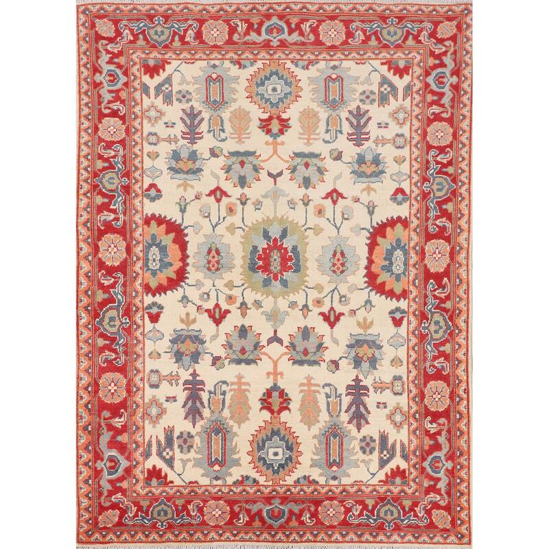 Blue Geometric Kazak Area Rug Hand-Knotted Oriental Wool Carpet - 4'11" x 6'7"