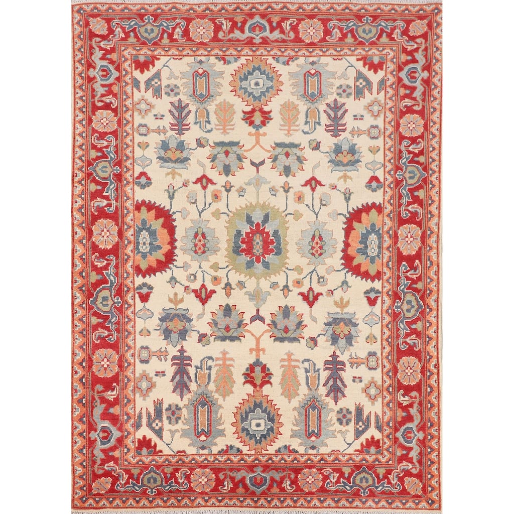 Blue Geometric Kazak Area Rug Hand-Knotted Oriental Wool Carpet - 4'11" x 6'7"