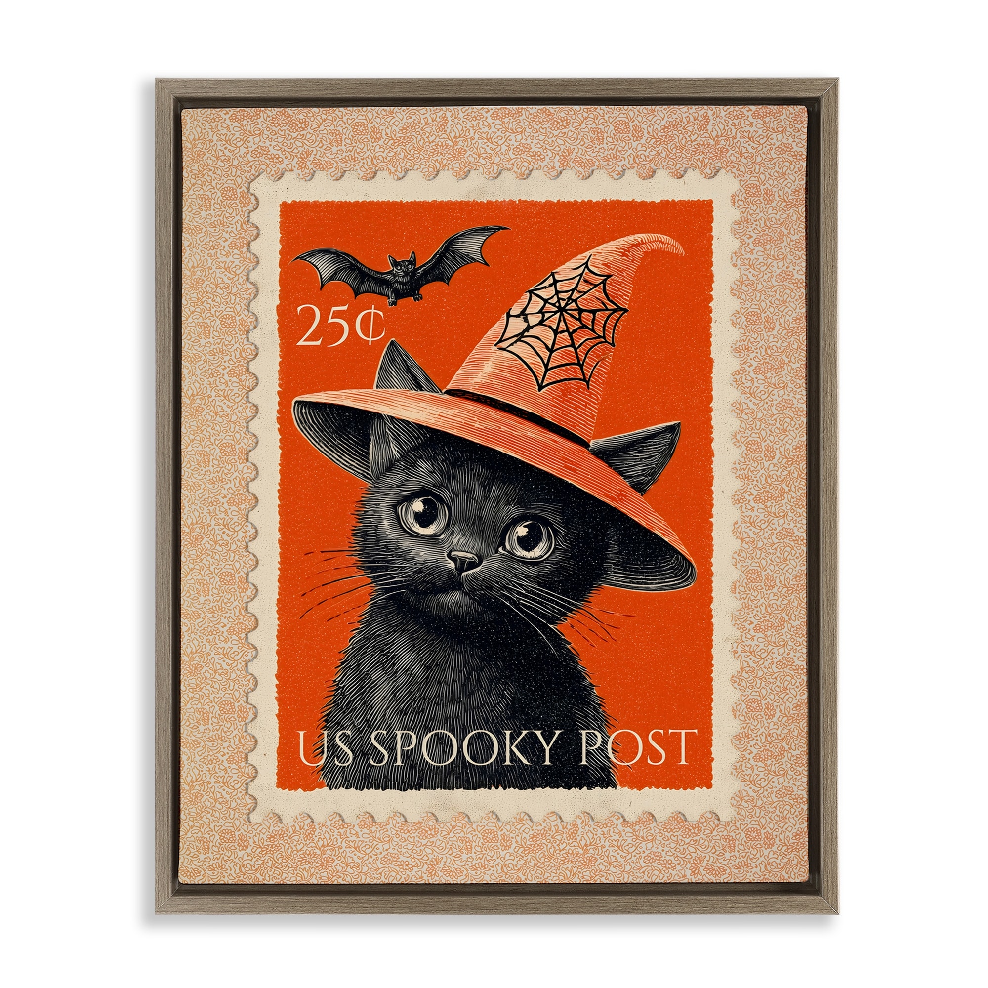 Stupell Vintage Black Cat Stamp Framed Floater Canvas Wall Art Design By Arlington Prints