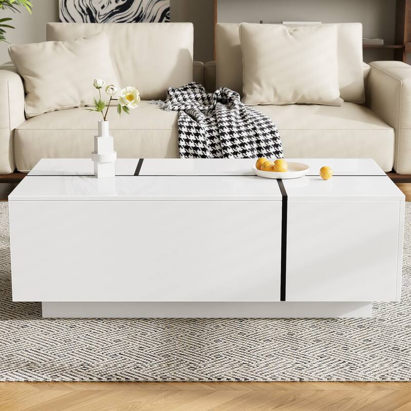 Extendable Rectangle Coffee Table, Tea Table for Living Room, Modern High-Gloss Center Table with Hidden Storage and 2 Drawers