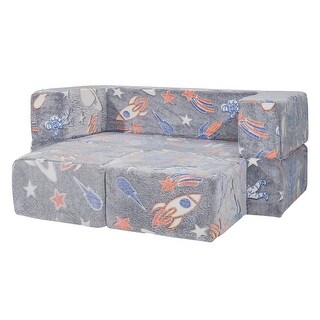 Pure Grey Velvet Modular Kids Sofa Bed with Glow Fabric and Safe Zippers - 39.37” L x 39.37” W x 7.87” H