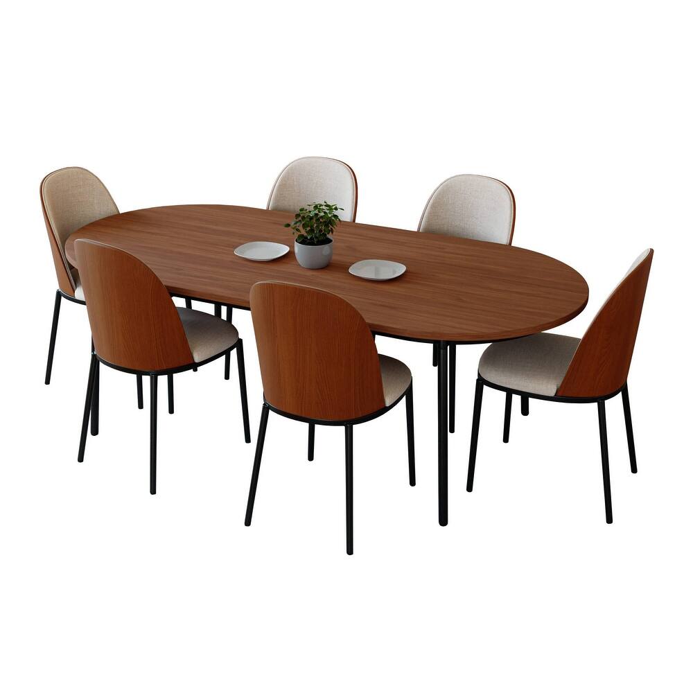 Tule Modern 7-Piece Dining Set in Black Steel Legs with 6 Fabric Upholstered Dining Chairs and Solid Wood Top Dining Table