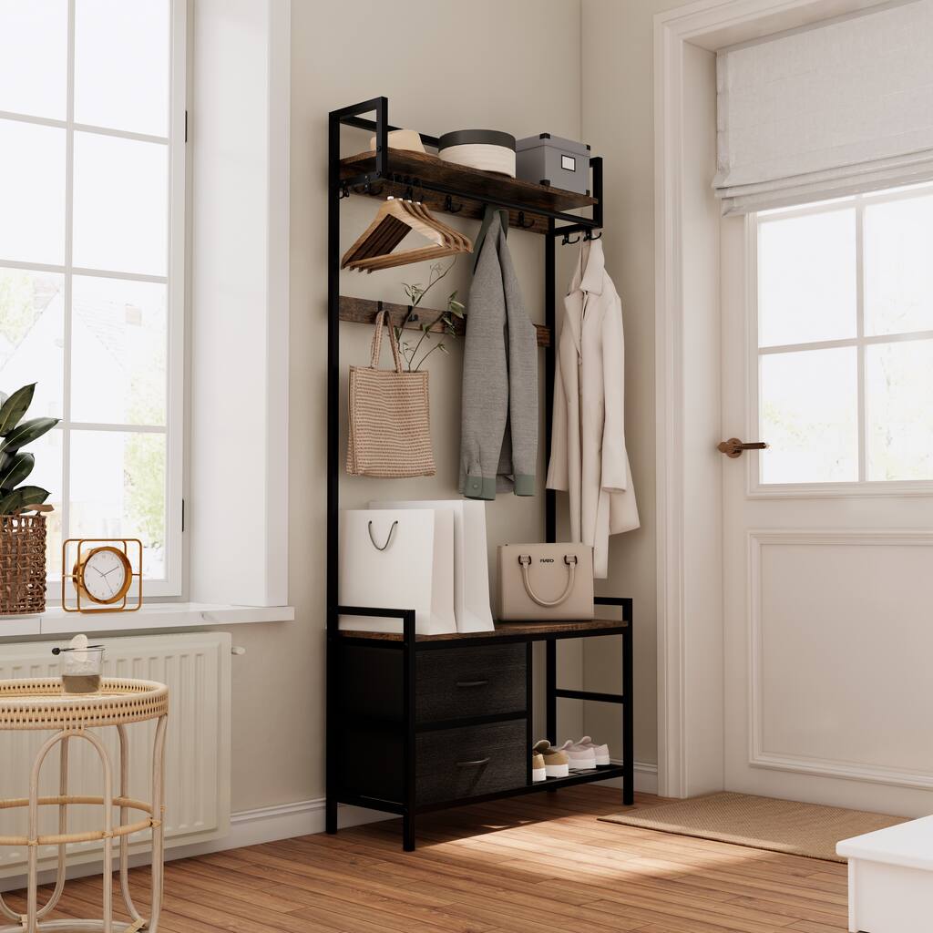 33.1" Wide 5-in-1 Hall Tree with Movable Drawers, Shoe Storage, Shelves, Garment Racks, and 23 Hooks