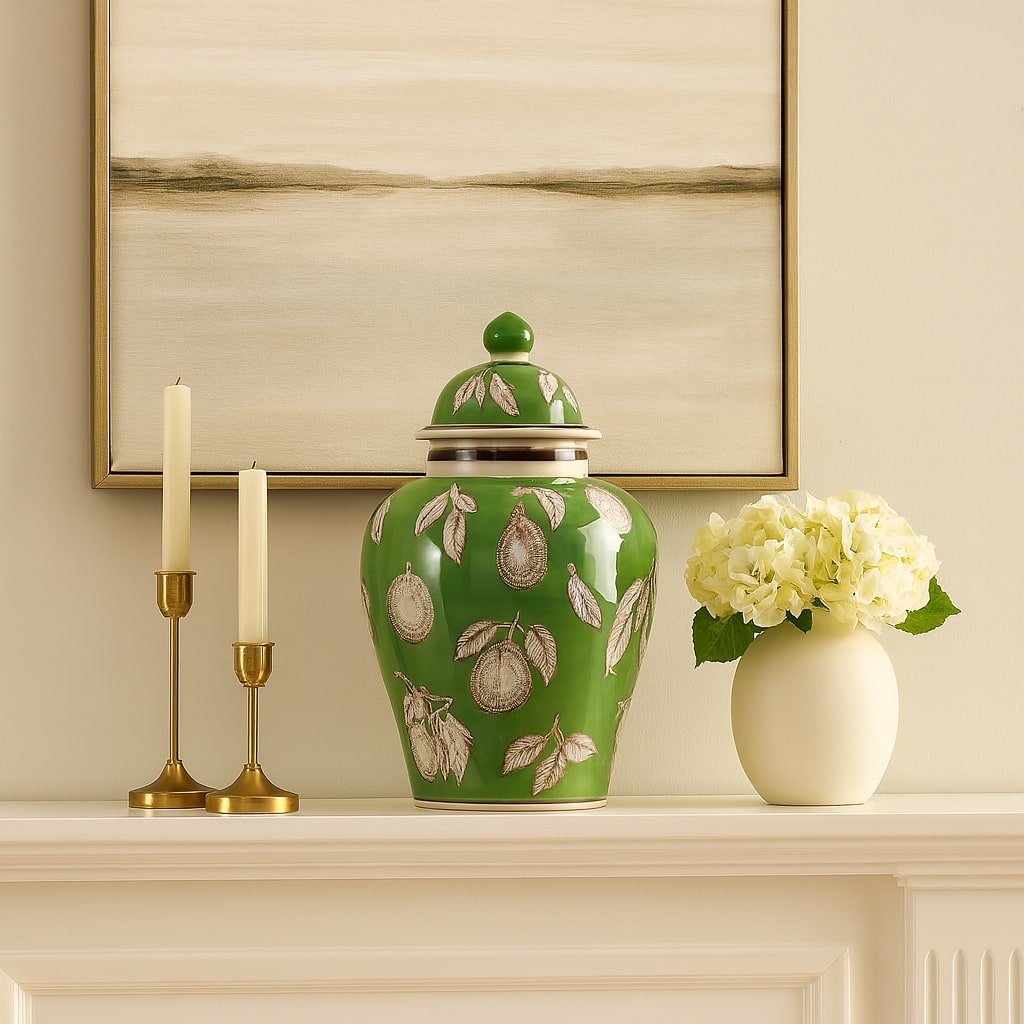 Decorative Bird and Flower Temple Jar with Lid