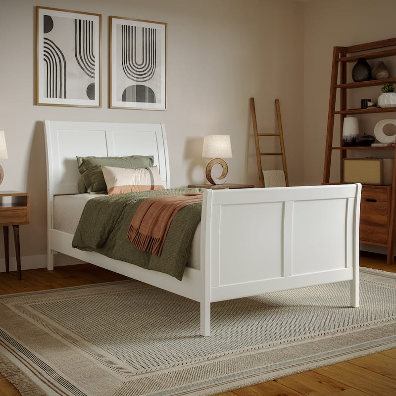 Valencia Solid Wood Low Profile Sleigh Platform Bed with Matching Footboard - White - Twin XL