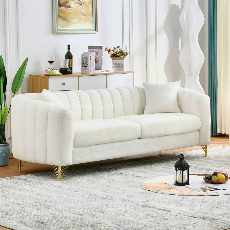 Oversized 3-Seater Lounge Sofa with Plush Foam, Recliner Sofa with Curved Armrests, Stripe Loveseat Couch Sofa - Beige