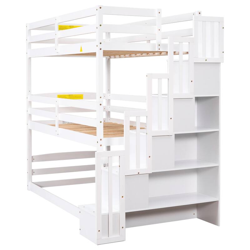 Twin Size Triple Bunk Bed with Storage Staircase, Solid Wood Detachable