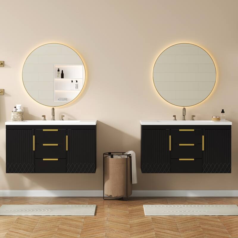 72"Wall Mounted Bathroom Vanity, Floating Bathroom Storage Cabinet with 2 Drawers, Solid Wood Bathroom Cabinet - Black