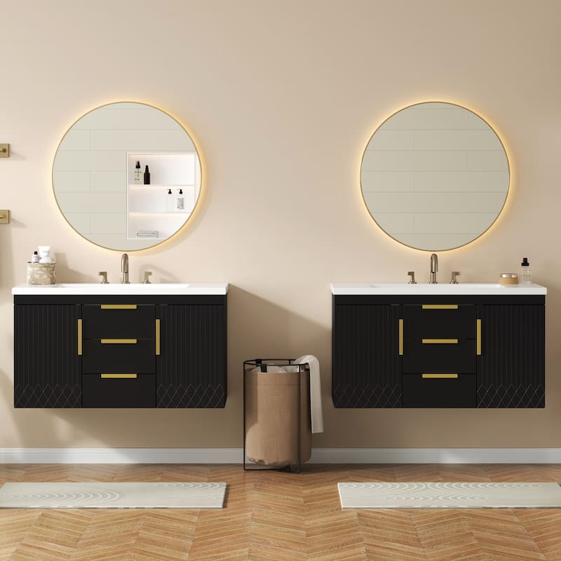 72'' Wall Mounted Bathroom Vanity, Floating Bathroom Storage Cabinet With 2 Drawers, Solid Wood Bathroom Cabinet - Black