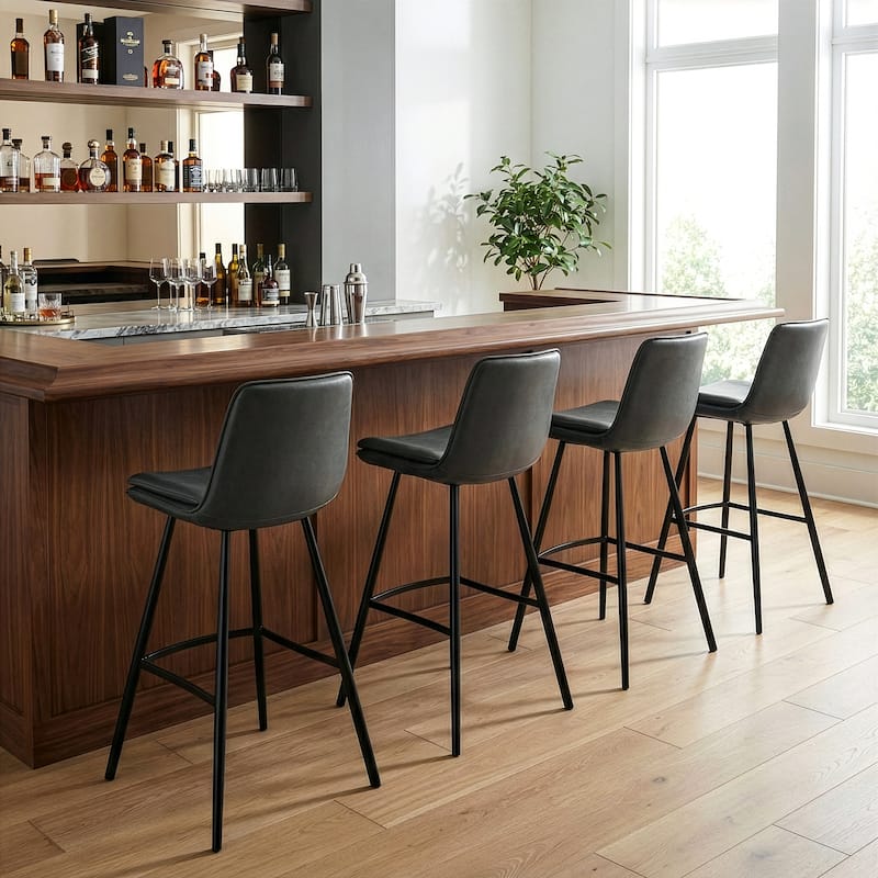Set of 2 Avalyn Grey Faux Leather Bar Stool with Black Metal Legs