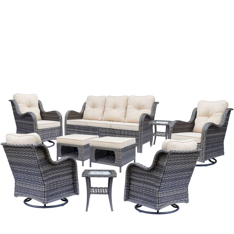 Gray Wicker Rattan Outdoor Patio Furniture Set Swivel Chair with Cushion