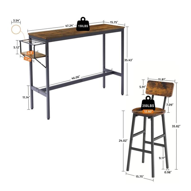 Bar Table Set with wine bottle storage rack Rustic Brown 47.24'' L x 15.75'' W x 35.43'' H