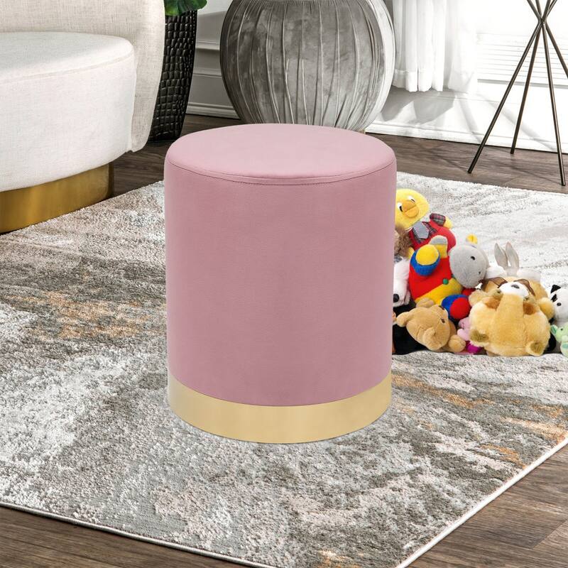 Adeco Round Ottoman Footstool Velvet Padded Vanity Stool Gold Trim