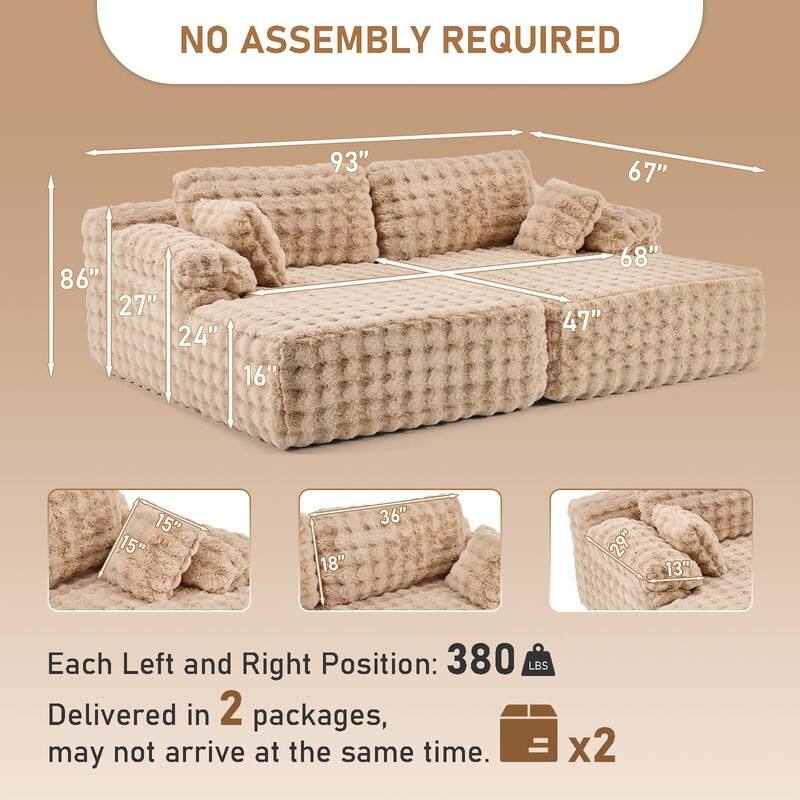 93" Velvet King Size Chaise Lounge Sofa Bed Sleeper Sofa with Dual Mattress